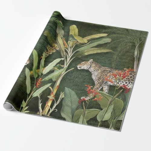 Tropical Floral  Leopard Jungle Foliage Decoupage  Wrapping Paper