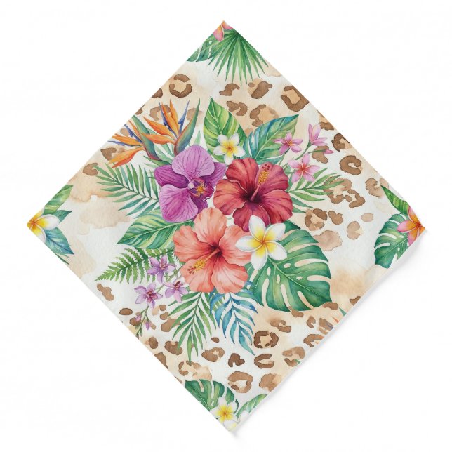 Tropical Floral Leopard Print Pattern Bandana (Front)