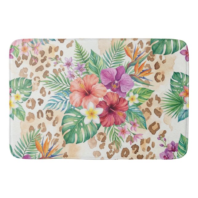Tropical Floral Leopard Print Pattern Bath Mat (Front)