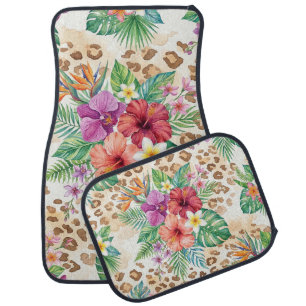 Tropical Floral Leopard Print Pattern Car Floor Mat