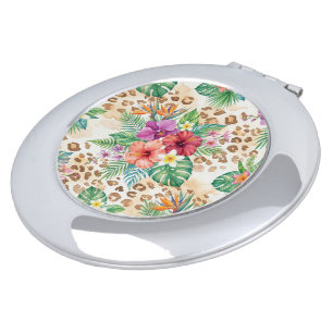 Tropical Floral Leopard Print Pattern Compact Mirror