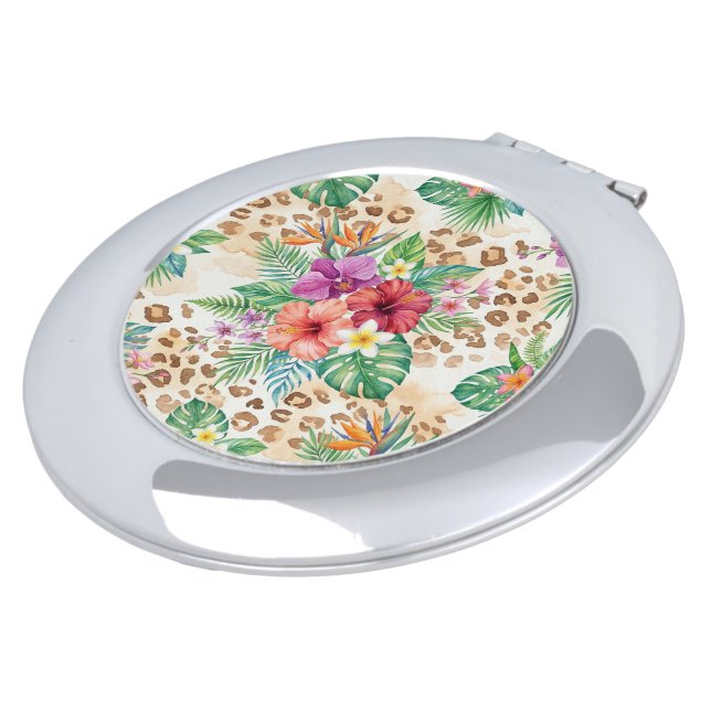 Tropical Floral Leopard Print Pattern Compact Mirror (Turned)
