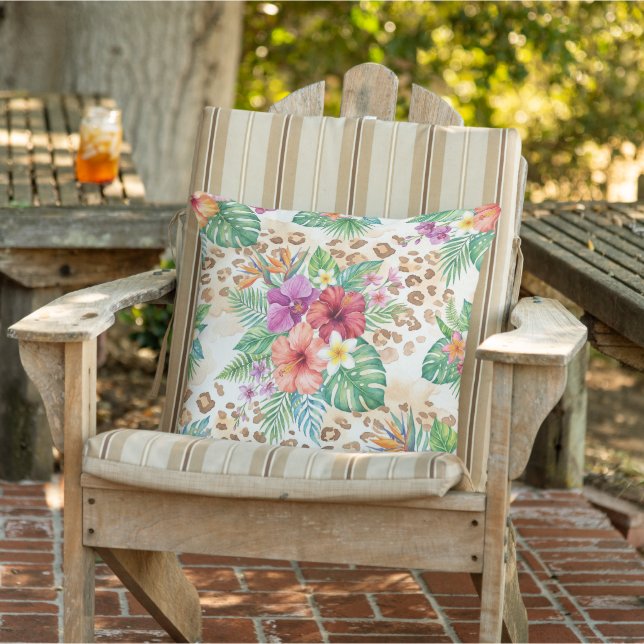 Tropical Floral Leopard Print Pattern Outdoor Pillow (Chair)