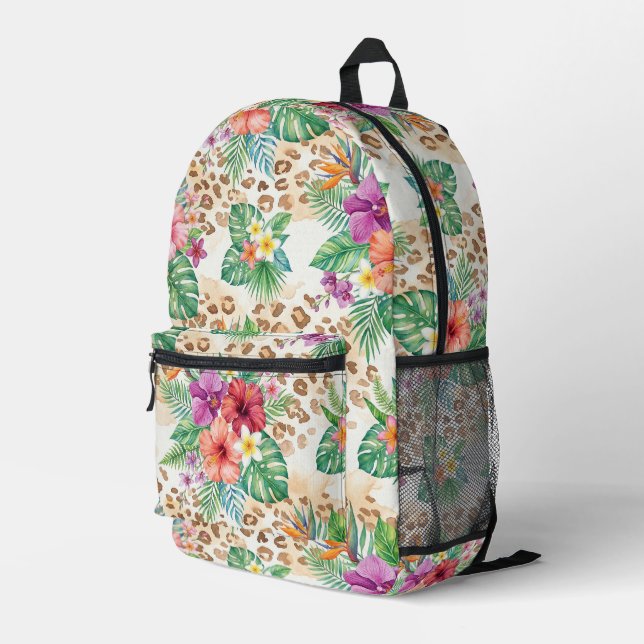 Tropical Floral Leopard Print Pattern Printed Backpack (Back Corner Right)