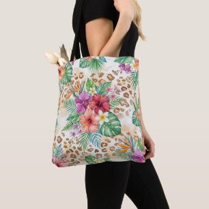 Tropical Floral Leopard Print Pattern Tote Bag