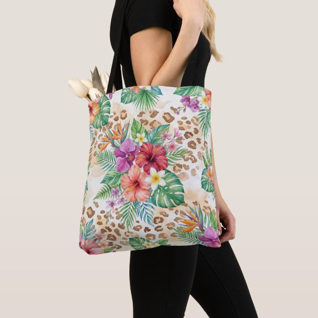 Tropical Floral Leopard Print Pattern Tote Bag (Close Up)