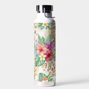 Tropical Floral Leopard Print Pattern Water Bottle