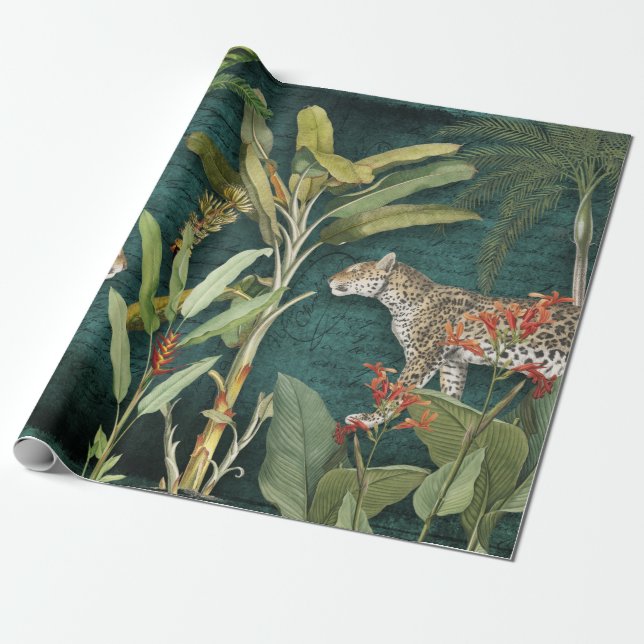 Tropical Floral  Leopard Teal Foliage Decoupage Wrapping Paper (Unrolled)