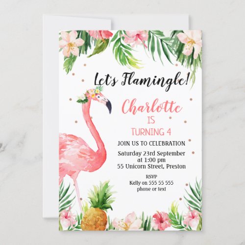 Tropical Floral Lets Flamingle Birthday Invitation