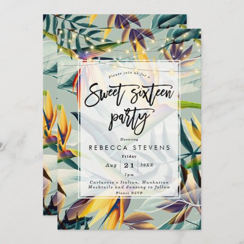 tropical floral lights sweet 16 party invitation