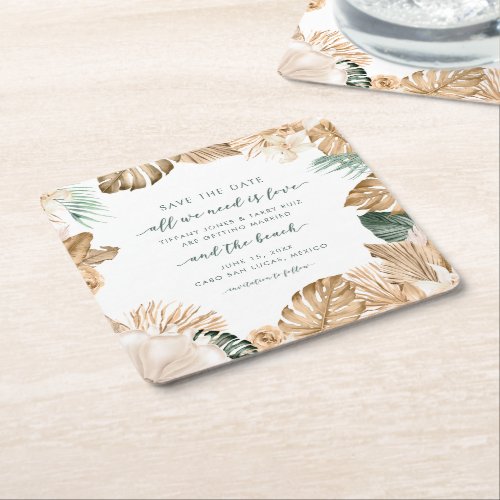 Tropical Floral Love and the Beach Save the Date Square Paper Coaster
