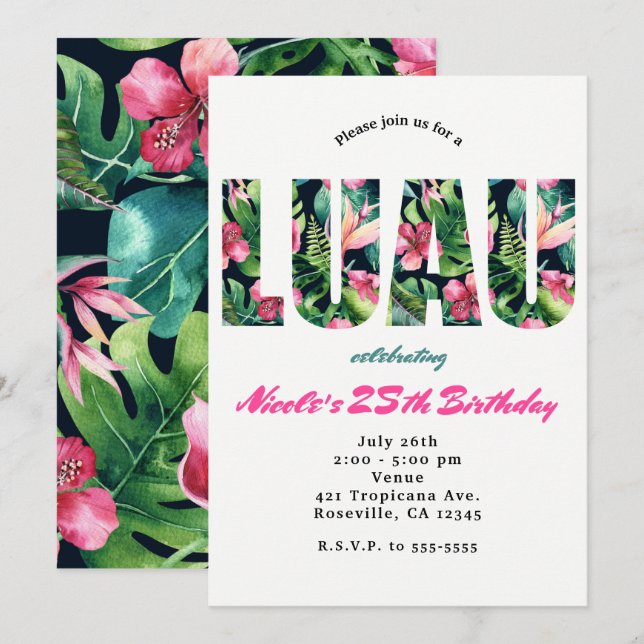 Tropical Floral LUAU Birthday Party Invitations (Front/Back)