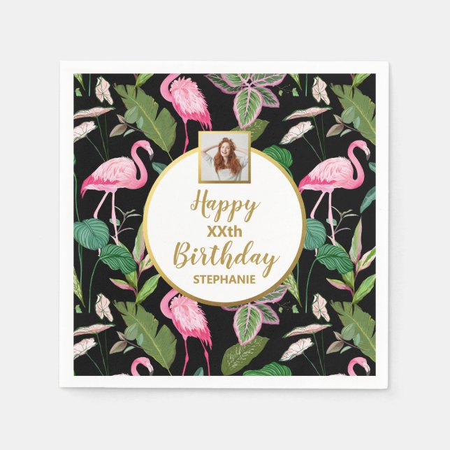 Tropical Floral Luau Flamingo Birthday Photo  Napkins (Front)