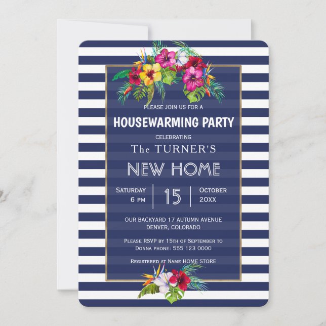 Tropical Floral Luau Navy Blue Housewarming Party Invitation (Front)