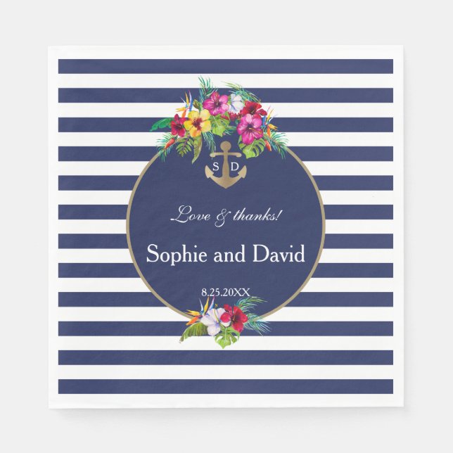 Tropical Floral Luau Navy Blue Stripes Wedding Napkins (Front)
