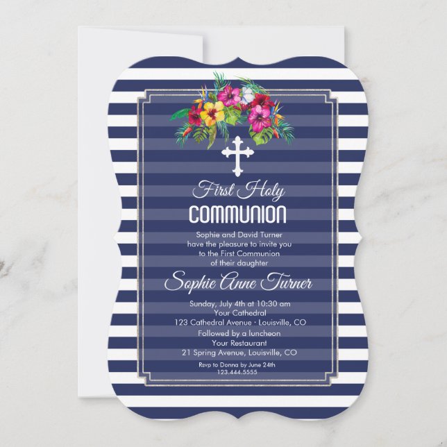 Tropical Floral Luau Navy First Holy Communion Invitation (Front)