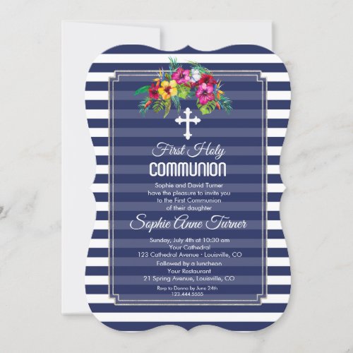 Tropical Floral Luau Navy First Holy Communion Invitation