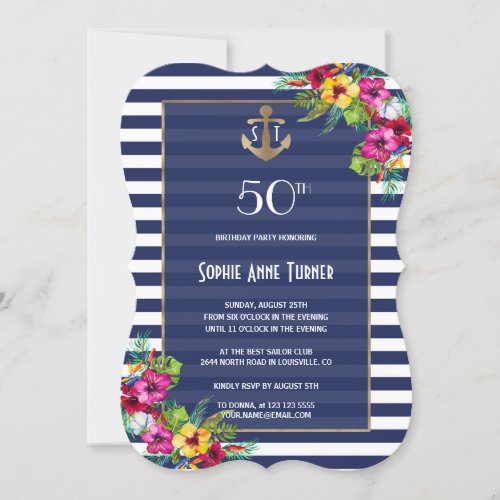 Tropical Floral Luau Navy Stripes Birthday Party Invitation