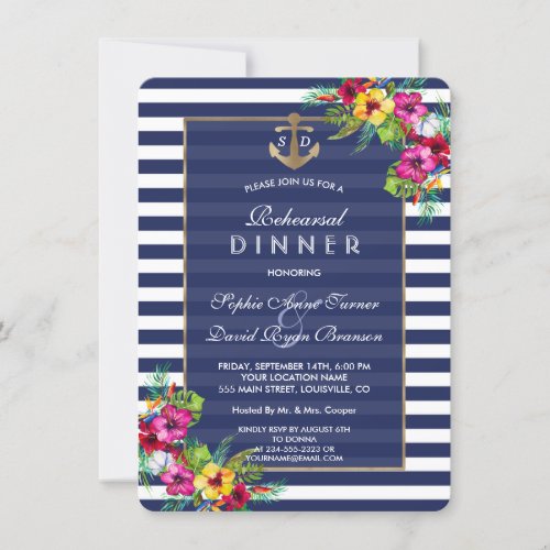 Tropical Floral Luau Navy Stripes REHEARSAL DINNER Invitation