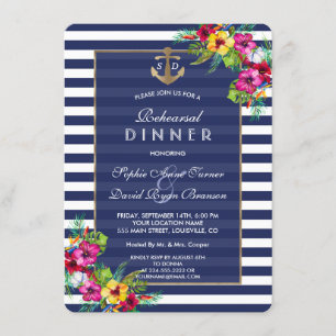 Tropical Floral Luau Navy Stripes REHEARSAL DINNER Invitation