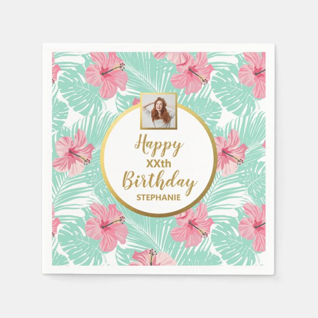 Tropical Floral Luau Palm Leaves Birthday Photo Napkins (Front)