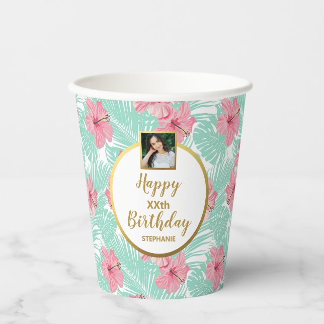Tropical Floral Luau Palm Tree, Birthday Photo Paper Cups (Front)