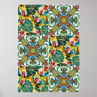 Tropical Floral & Mandala Seamless Pattern Poster