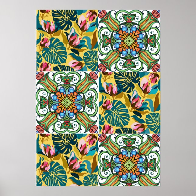 Tropical Floral & Mandala Seamless Pattern Poster (Front)