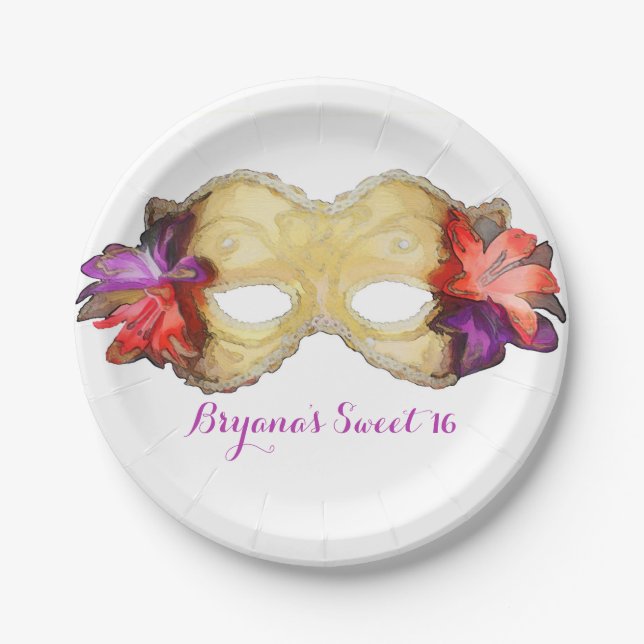 Tropical Floral Masquerade Mask Elegant Party Paper Plates (Front)
