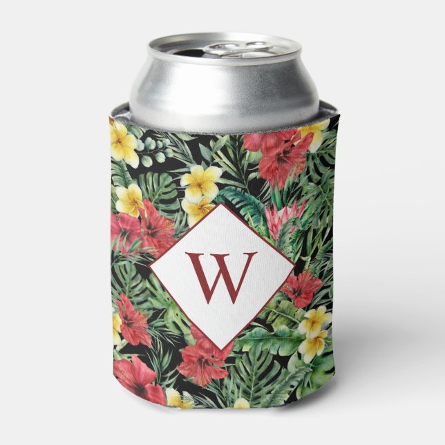 Tropical Floral Monogram Black Can Cooler (Can Front)