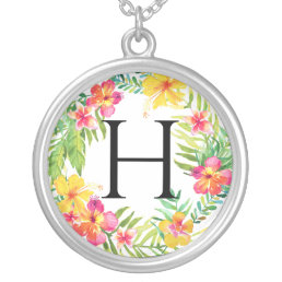Tropical Floral Monogrammed Silver Plated Necklace