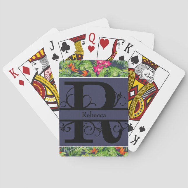 Tropical Floral Navy Blue Monogram R Poker Cards (Back)