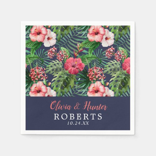 Tropical Floral Navy Pink Hibiscus Palm Wedding Napkins