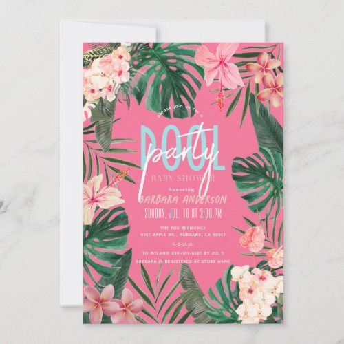 Tropical Floral Neon Pink Girl Baby Shower Invitation