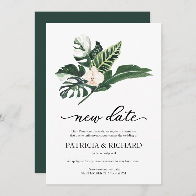 Tropical Floral New Date Wedding Postponement Invitation (Front/Back)