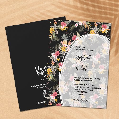 Tropical Floral on Black QR Code Wedding Invitation