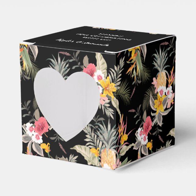Tropical Floral on Black Square Heart Favor Boxes (Front Side)
