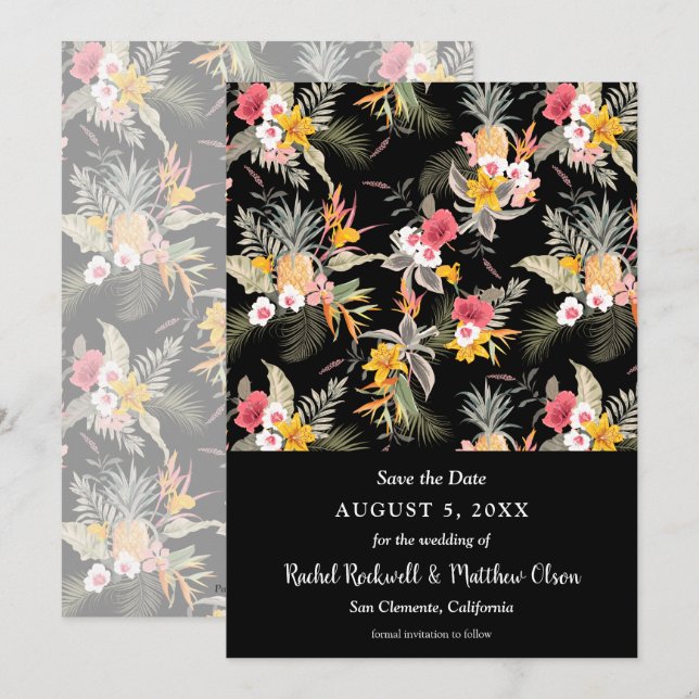Tropical Floral on Black Wedding Save the Date (Front/Back)