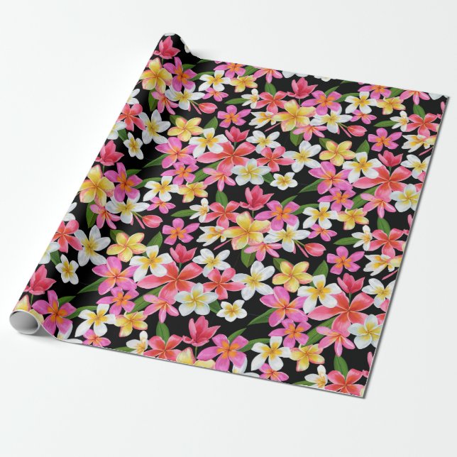 Tropical Floral on Black Wrapping Paper (Unrolled)