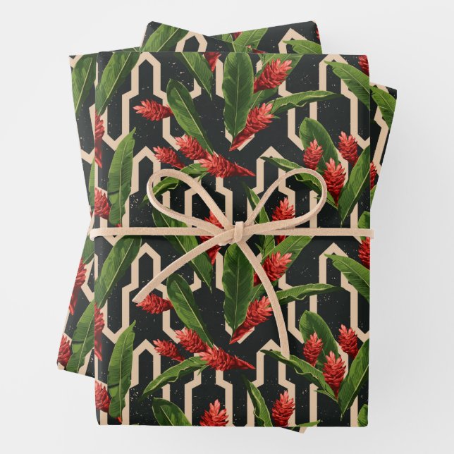 Tropical Floral on Geometric Black Wrapping Paper Sheets (In situ)