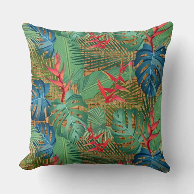 Tropical Floral on Wicker Print Throw Pillow (Front)