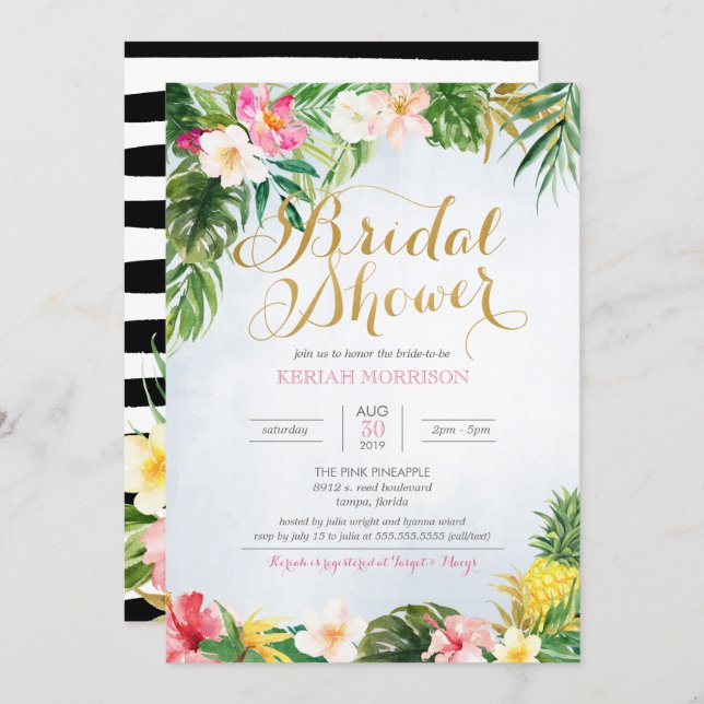 Tropical Floral or Luau Style Bridal Shower Invitation (Front/Back)