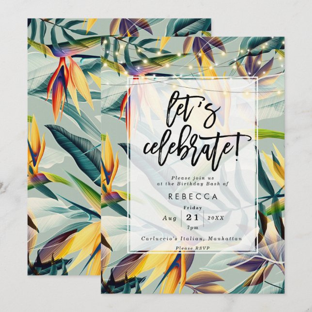 tropical floral palm birthday party invitation (Front/Back)