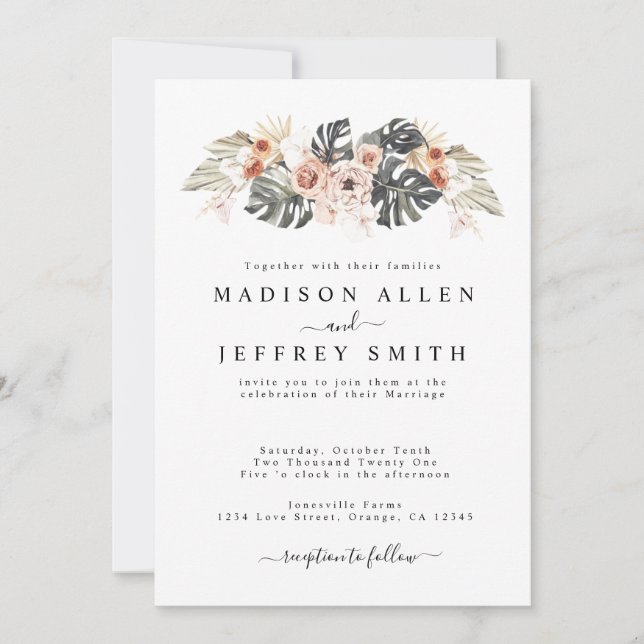 Tropical Floral & Palm Bohemian Wedding Invitation (Front)