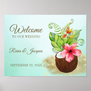 Tropical Floral Palm Coconut Wedding Welcome Sign