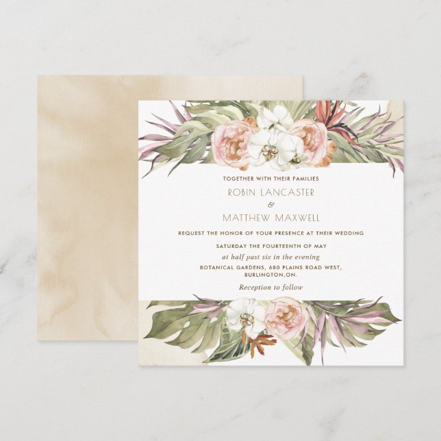 Tropical Floral Palm Leaf, Cream Square Wedding In Invitation (Front/Back)