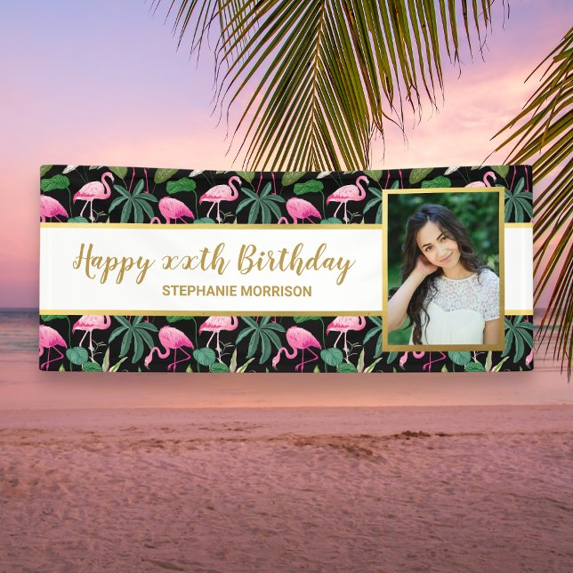 Tropical Floral Palm Leaf Flamingo Birthday Photo Banner (Creator Uploaded)