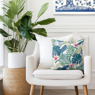 Tropical Floral Palm Leaves Throw Pillow