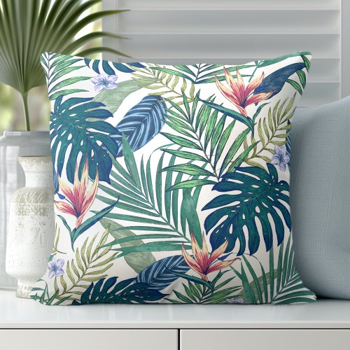 Tropical Floral Palm Leaves Throw Pillow