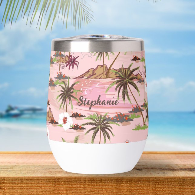 Tropical Floral Palm Tree Custom Monogram Name Thermal Wine Tumbler (Creator Uploaded)